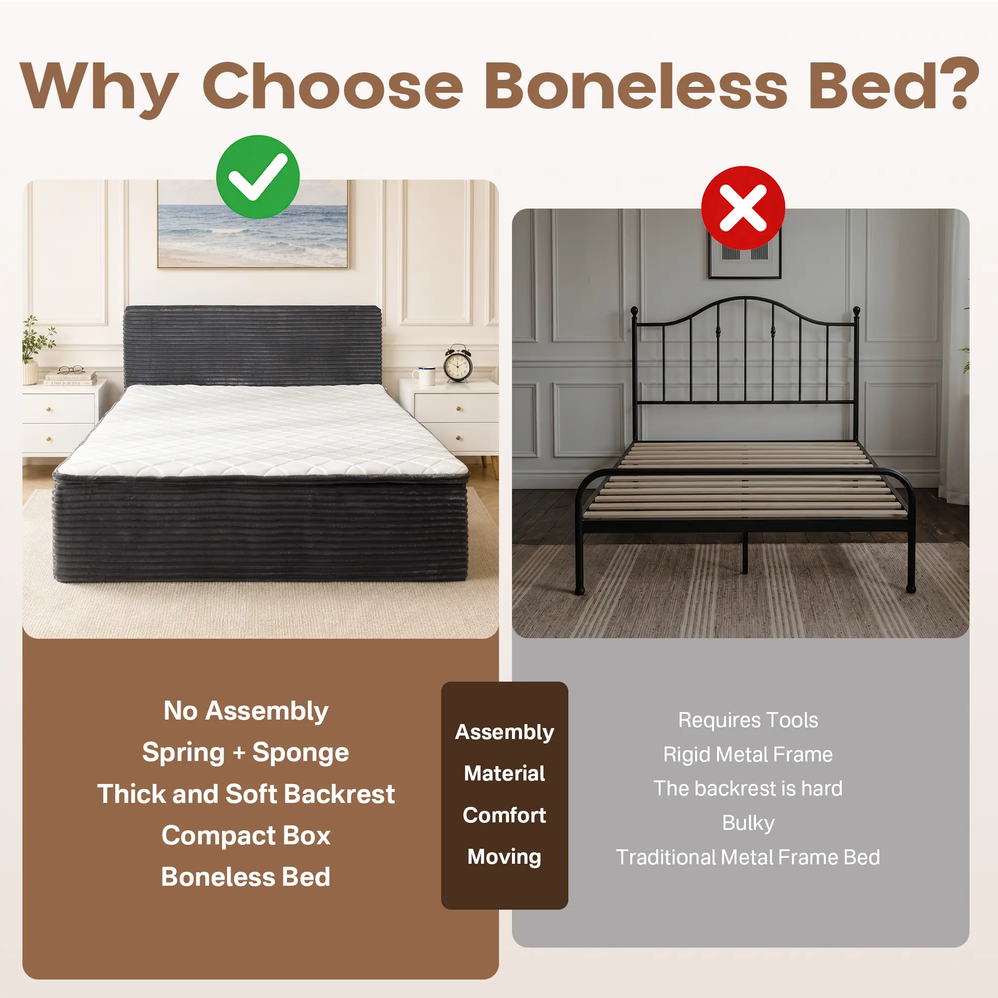 Cama moderna sin huesos todo en uno, cama a ras de suelo con pana suave y mullida para un sueño profundo, espuma viscoelástica de firmeza media para aliviar el dolor de espalda, colchón con aislamiento de movimiento en caja y sin necesidad de montaje.