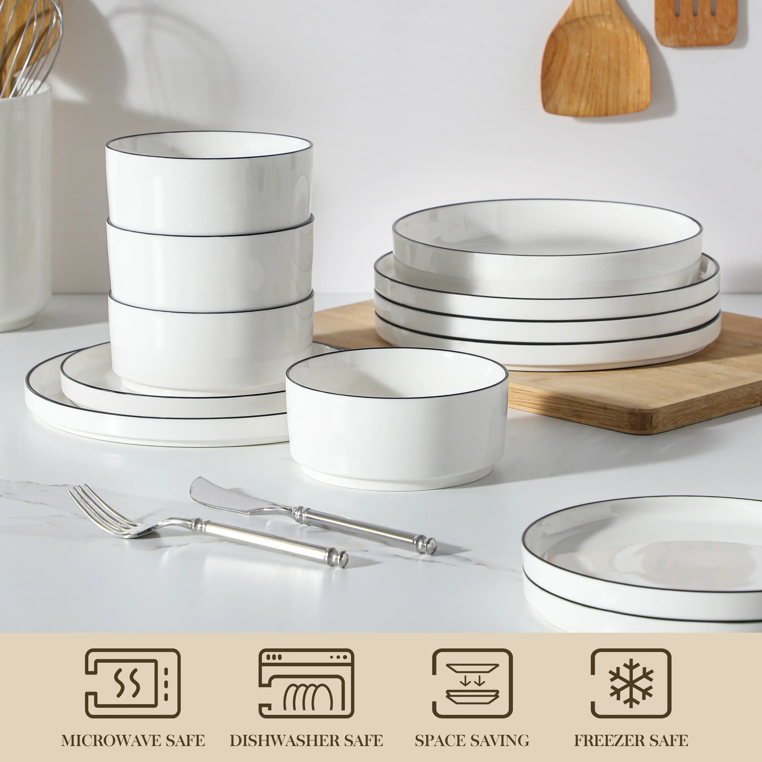 Juego de vajilla de porcelana: servicio de vajilla de cerámica para 4 o 6 personas; incluye platos, cuencos y platos para pasta resistentes a los golpes, aptos para microondas y lavavajillas.