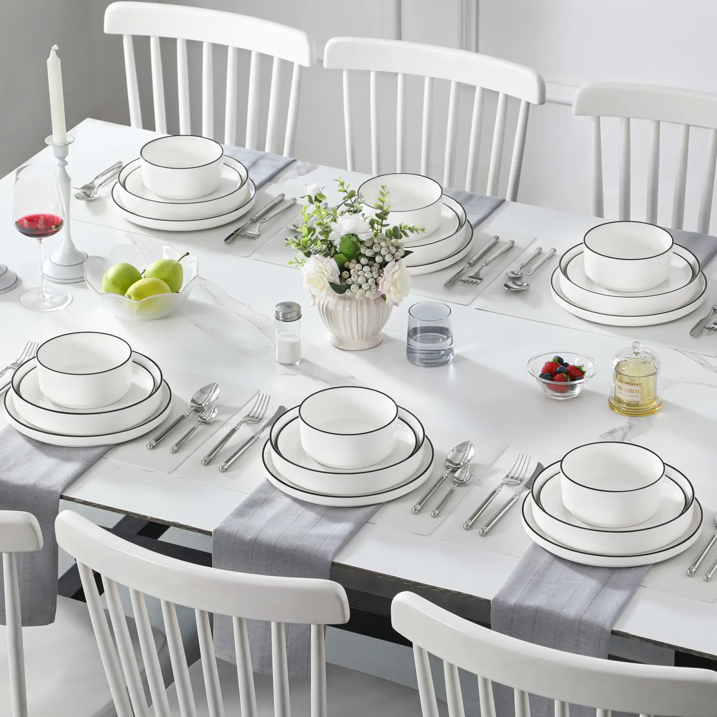 Juego de vajilla de porcelana: servicio de vajilla de cerámica para 4 o 6 personas; incluye platos, cuencos y platos para pasta resistentes a los golpes, aptos para microondas y lavavajillas.