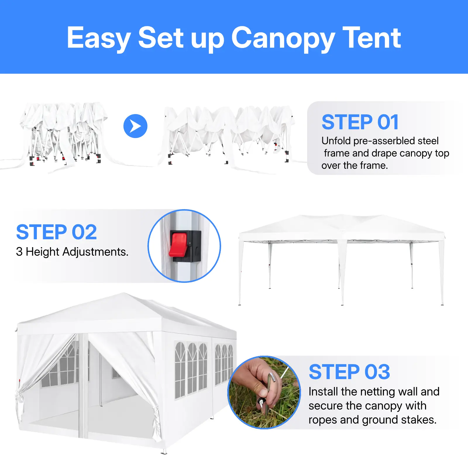 Carpa Gazebo Plegable Resistente de 10 x 20 Pies, Tela Oxford 420D Impermeable y con Protección UV, Techo Triangular, Estructura Ajustable en 3 Niveles, 6 Paredes Laterales, Mosquiteros y Accesorios de Acero Reforzado, Ideal para Bodas y Camping.