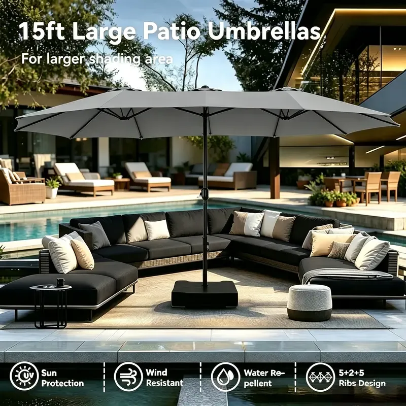 Sombrilla grande para exteriores de 15 pies con base lastrada para jardín, piscina y playa