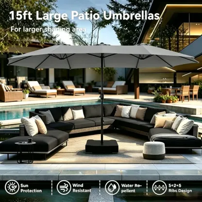 Sombrilla grande para exteriores de 15 pies con base lastrada para jardín, piscina y playa