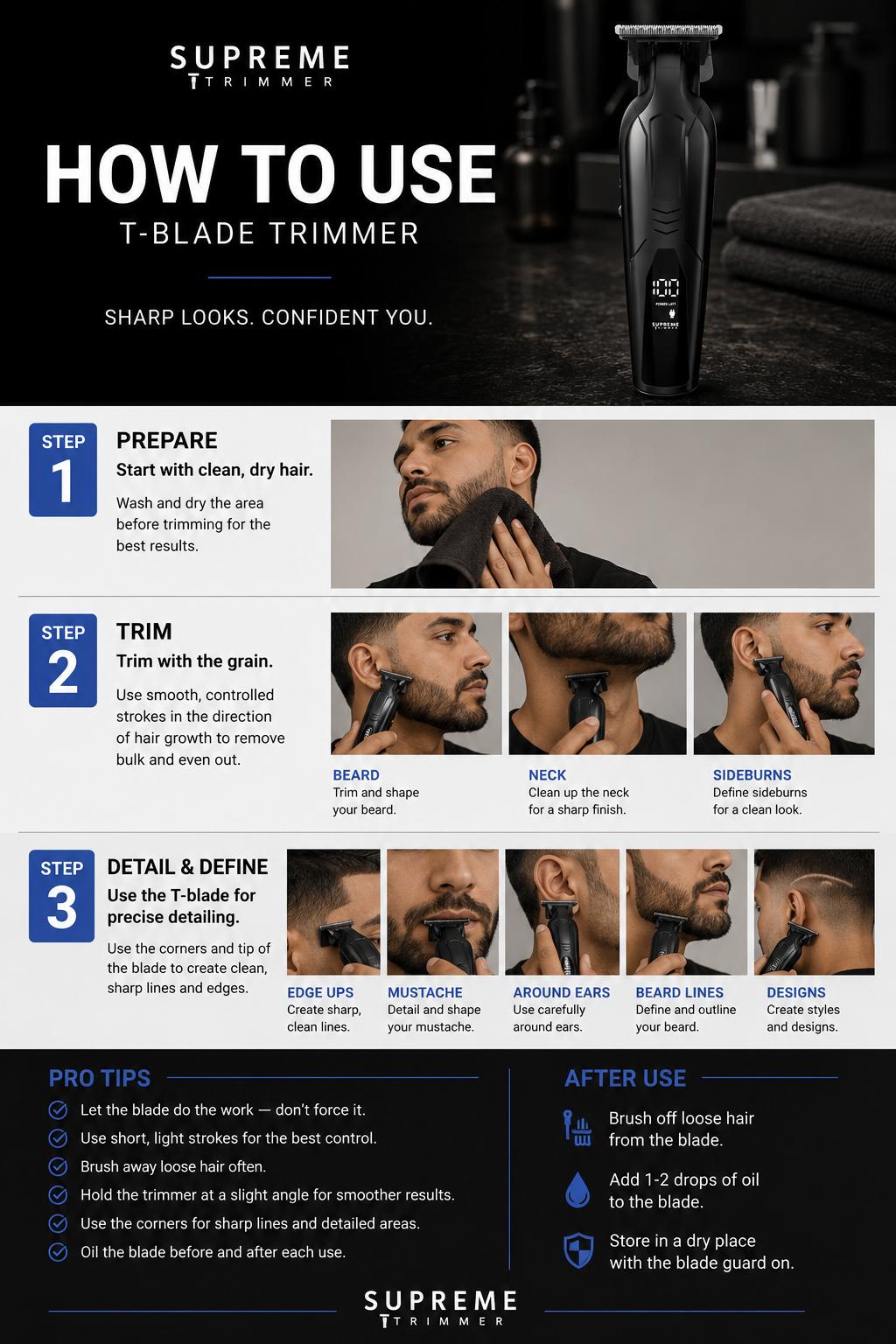 Supreme Trimmer VADER Lite T-Liner Hair Trimmer with 6 Guards USB-C Charging Long Lasting Battery 6.5W Motor 7000 RPM for Clean Cuts All-Day Comfort Cordless T-Outliner Hair Clipper Set Steel