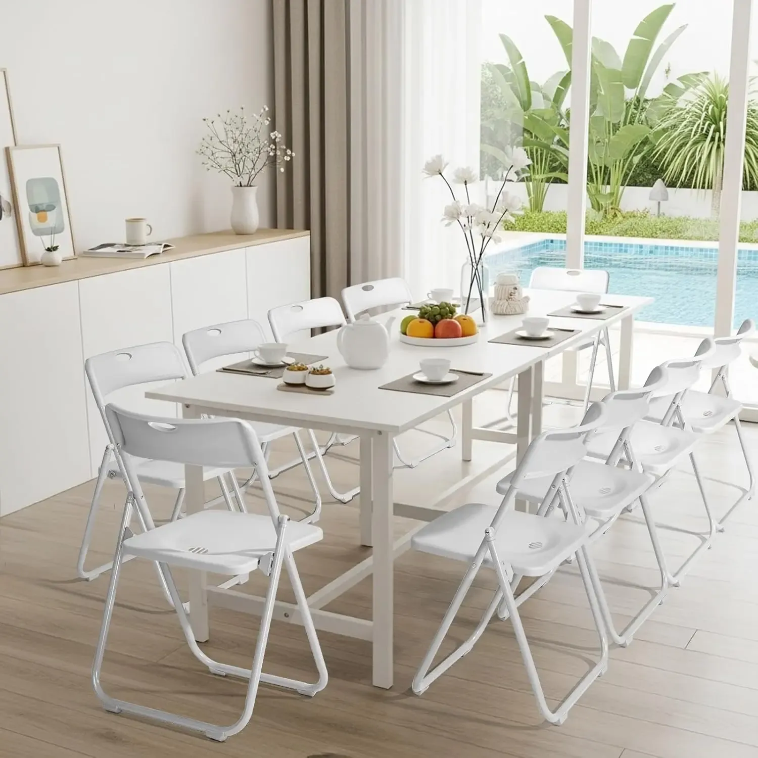 Juego de 10 sillas plegables de plástico ligero (capacidad de 300 libras) con estructura metálica reforzada; fáciles de plegar y almacenar, aptas para uso en interiores y exteriores (bodas, fiestas, salas de reuniones, patios y jardines). Disponibles en s