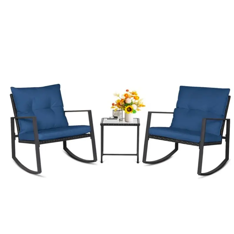 Set de bistró mecedor para exteriores de 3 piezas: muebles de mimbre negro, sillas para porche y mesa de centro de cristal.