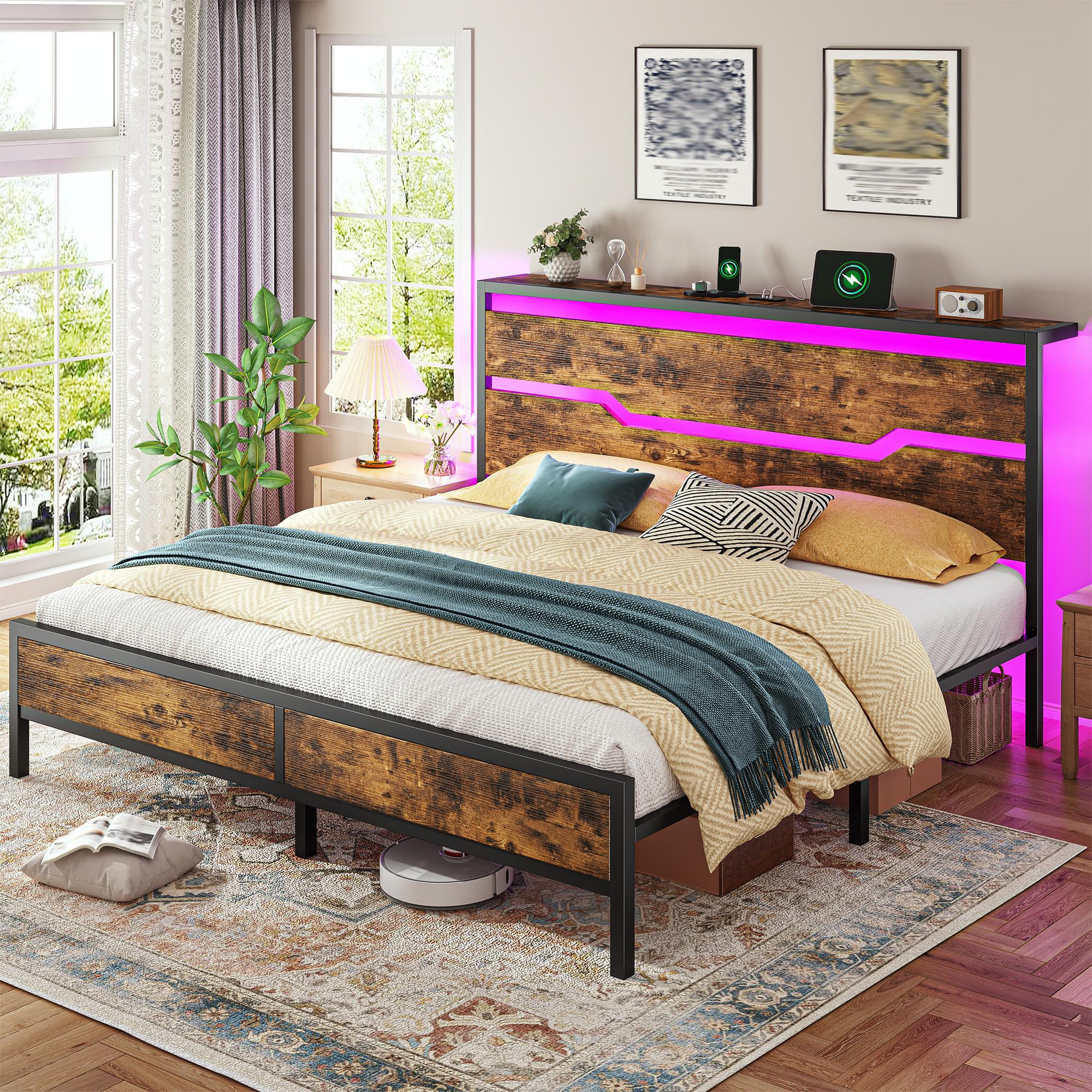Raybee LED Bed Frame for Queen King Full with Headboard & Storage Shelf, No Mattress, Modern Industrial Wood Platform Bed Frame with Built-In Charging Station, No Noise, Capacity 900LBS with Metal Slats for Bedroom, First Apartment, Teens, Dorms