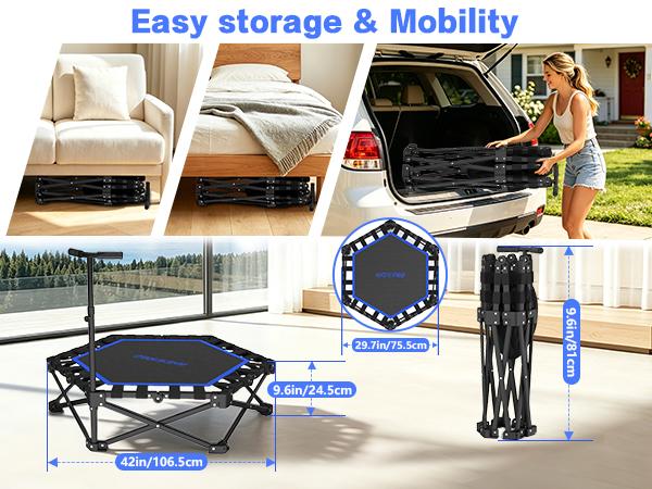 HXD-ERGO Compact Workout Trampoline for Adults with Adjustable Foam Bar, 460lbs Max Load, Easy Assembly Home Gym Equipment, Foldable Back to School Fitness Gear