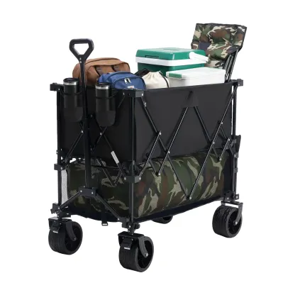 Sweetcrispy Carro Plegable de Exterior 320L, Carro de Transporte de Doble Nivel con Frenos, Capacidad de 200 kg, Ruedas Grandes Todo Terreno, Asa Ajustable, Compacto y Fácil de Guardar para Camping, Playa y Compras