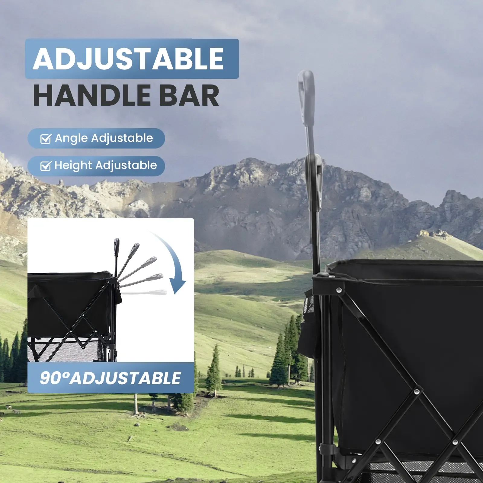 Sweetcrispy Carro Plegable de Exterior 320L, Carro de Transporte de Doble Nivel con Frenos, Capacidad de 200 kg, Ruedas Grandes Todo Terreno, Asa Ajustable, Compacto y Fácil de Guardar para Camping, Playa y Compras