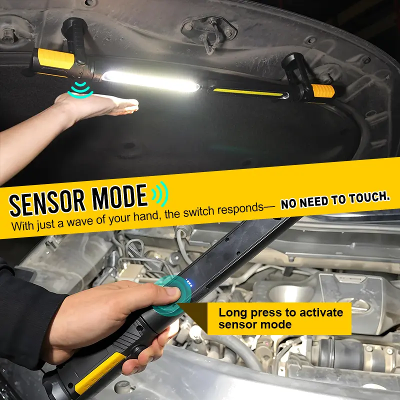 Linterna de trabajo LED recargable para mecánicos: potente linterna de mano de 2400 lúmenes con ganchos magnéticos, sensor remoto, carga USB, ideal para talleres, reparaciones de automóviles, emergencias automovilísticas, ideal para reparaciones de automó