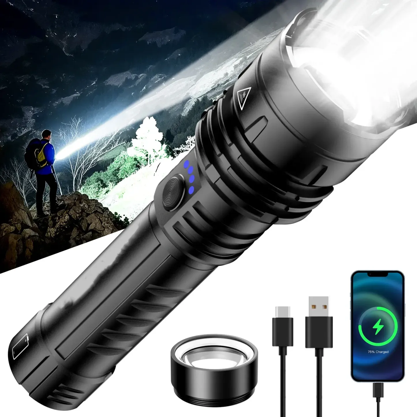 Linterna LED recargable de alto lumen con lente concentradora, zoom, 5 modos de iluminación, ultrabrillante para acampar, actividades al aire libre y uso doméstico. Se puede usar sin necesidad de carga.