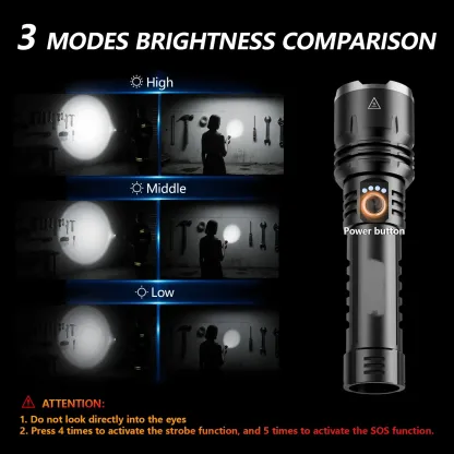 Linterna LED recargable de alto lumen con lente concentradora, zoom, 5 modos de iluminación, ultrabrillante para acampar, actividades al aire libre y uso doméstico. Se puede usar sin necesidad de carga.