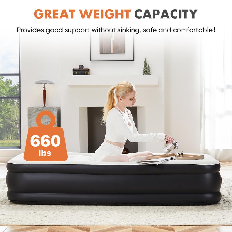 Colchón inflable Sweetcrispy con bomba integrada de alta capacidad, doble altura, base antideslizante, capacidad de carga de 660 libras; portátil, ideal para acampar y uso doméstico.