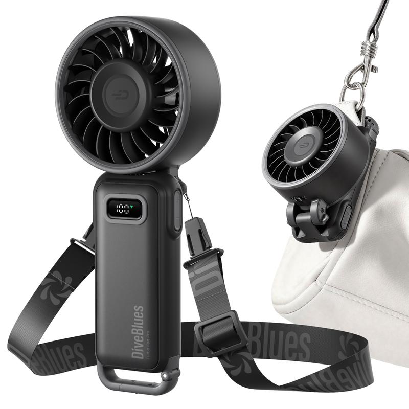 DiveBlues D6036 ventilador turbo portátil de mano, funciona con batería durante 15 horas, 100 niveles de velocidad, plegable 5 en 1 para viajes de verano, actividades al aire libre, playa y oficina interior, ventilador multifuncional con pantalla HD y car