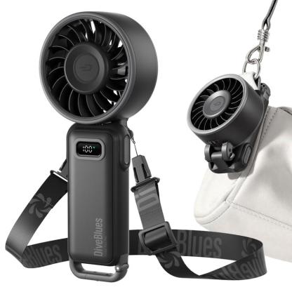 DiveBlues D6036 ventilador turbo portátil de mano, funciona con batería durante 15 horas, 100 niveles de velocidad, plegable 5 en 1 para viajes de verano, actividades al aire libre, playa y oficina interior, ventilador multifuncional con pantalla HD y car
