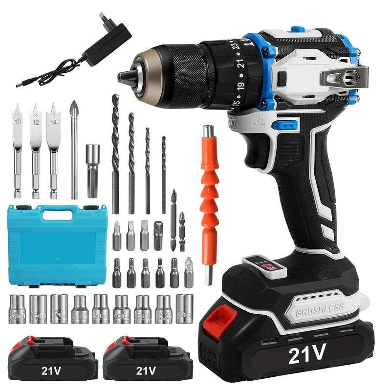 Taladro percutor sin escobillas, 70N·m de par, 0-1800RPM 2 velocidades, 25+1 ajustes de par, portabrocas metálico de 13mm, luz LED y indicador de nivel de batería, clip de cinturón para uso DIY y profesional