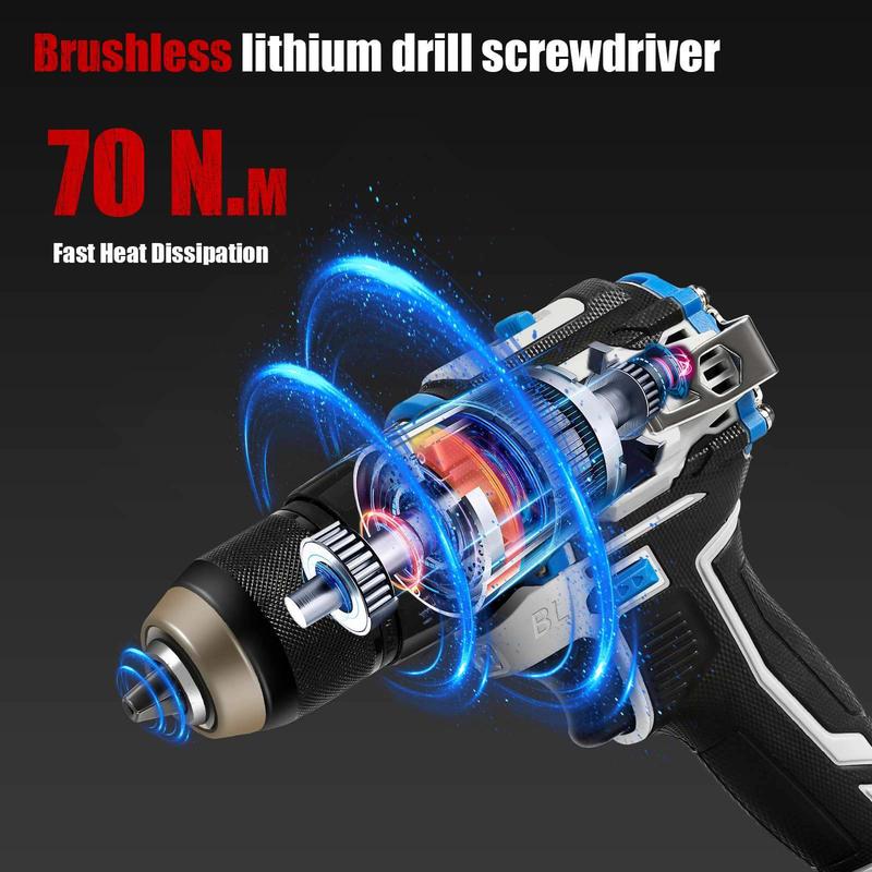 Taladro percutor sin escobillas, 70N·m de par, 0-1800RPM 2 velocidades, 25+1 ajustes de par, portabrocas metálico de 13mm, luz LED y indicador de nivel de batería, clip de cinturón para uso DIY y profesional