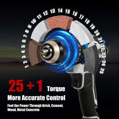 Taladro percutor sin escobillas, 70N·m de par, 0-1800RPM 2 velocidades, 25+1 ajustes de par, portabrocas metálico de 13mm, luz LED y indicador de nivel de batería, clip de cinturón para uso DIY y profesional