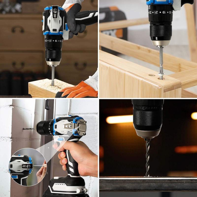 Taladro percutor sin escobillas, 70N·m de par, 0-1800RPM 2 velocidades, 25+1 ajustes de par, portabrocas metálico de 13mm, luz LED y indicador de nivel de batería, clip de cinturón para uso DIY y profesional