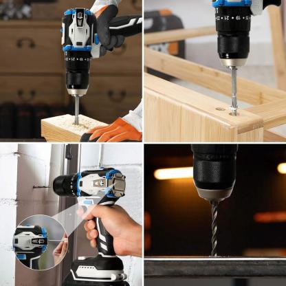 Taladro percutor sin escobillas, 70N·m de par, 0-1800RPM 2 velocidades, 25+1 ajustes de par, portabrocas metálico de 13mm, luz LED y indicador de nivel de batería, clip de cinturón para uso DIY y profesional