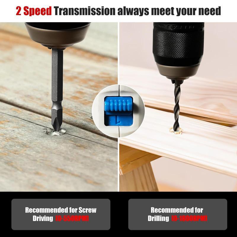 Taladro percutor sin escobillas, 70N·m de par, 0-1800RPM 2 velocidades, 25+1 ajustes de par, portabrocas metálico de 13mm, luz LED y indicador de nivel de batería, clip de cinturón para uso DIY y profesional