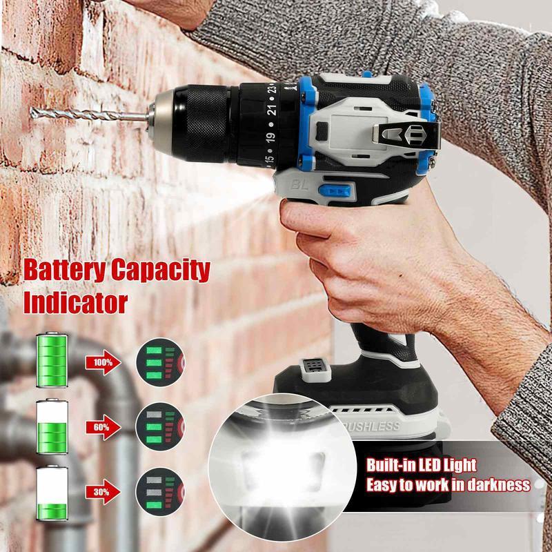 Taladro percutor sin escobillas, 70N·m de par, 0-1800RPM 2 velocidades, 25+1 ajustes de par, portabrocas metálico de 13mm, luz LED y indicador de nivel de batería, clip de cinturón para uso DIY y profesional