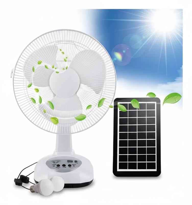 Ventilador Solar 12 Pulgadas con 2 Focos Panel USB Corriente y Carga de Teléfonos Móviles automatic ironing