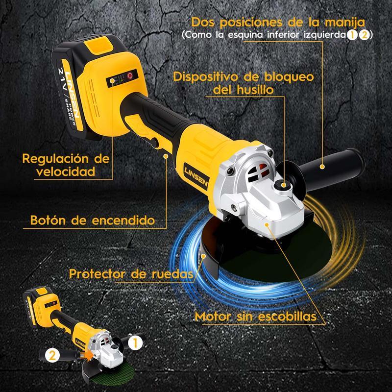 (2 baterías) Amoladora angular y pulidora de 21 V: rotación ajustable en tres velocidades (4000 a 10 000 rpm). Motor sin escobillas de alta eficiencia, adecuado para tareas de amolado, pulido y eliminación de óxido