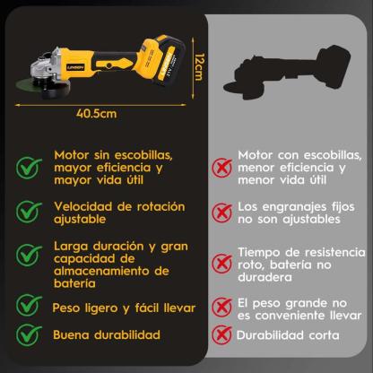 (2 baterías) Amoladora angular y pulidora de 21 V: rotación ajustable en tres velocidades (4000 a 10 000 rpm). Motor sin escobillas de alta eficiencia, adecuado para tareas de amolado, pulido y eliminación de óxido
