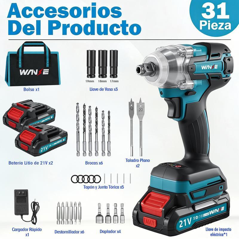 【Alta calidad】Wanse Llave De Impacto Inalámbrica Taladros Pistola De Impacto Kit Juego De Taladro Atornillador Herramientas Electrica Con 2 Baterías 7500mah Sin Escobillas 2 En 1