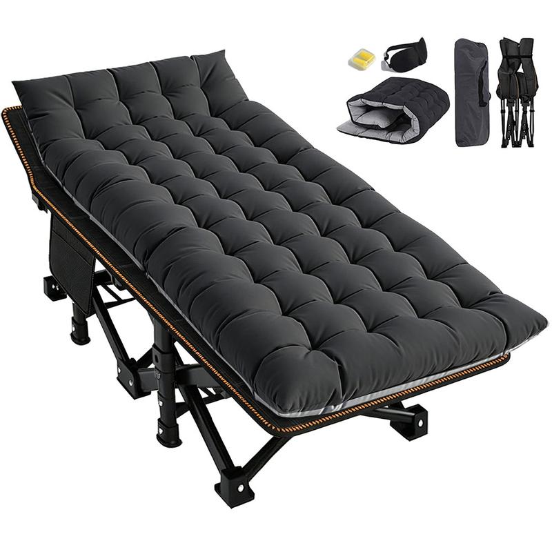 Cama plegable extra grande color negro (60*170 cm), especialmente para exteriores: diseño portátil ideal para camping, viajes y oficina.Con estructura de metal resistente y bolsillos laterales de almacenamiento.