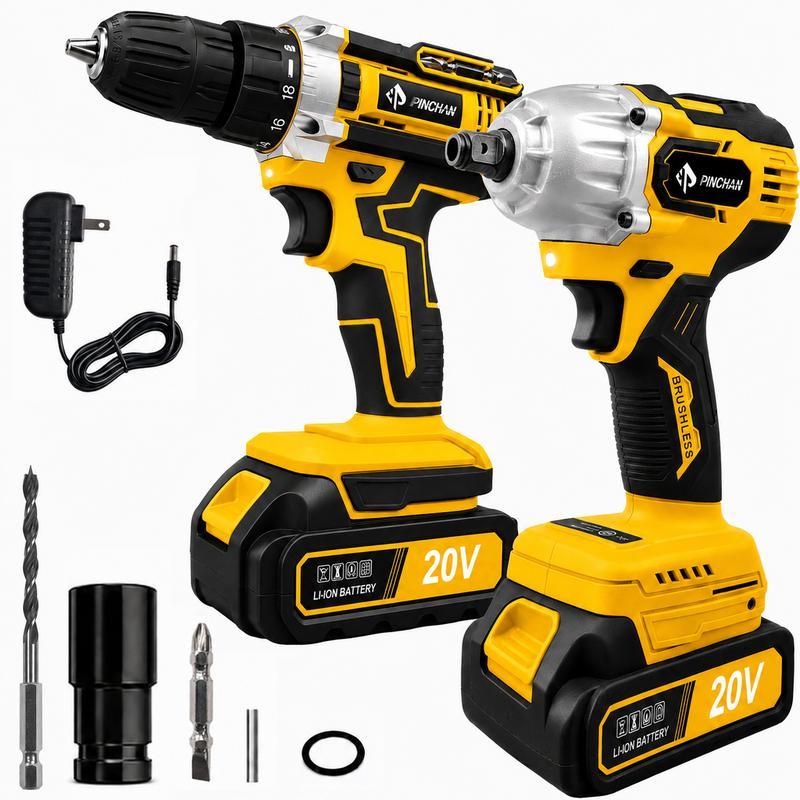 Kit Herramientas Inalámbricas 20V, Taladro + Llave de Impacto 2 Baterías