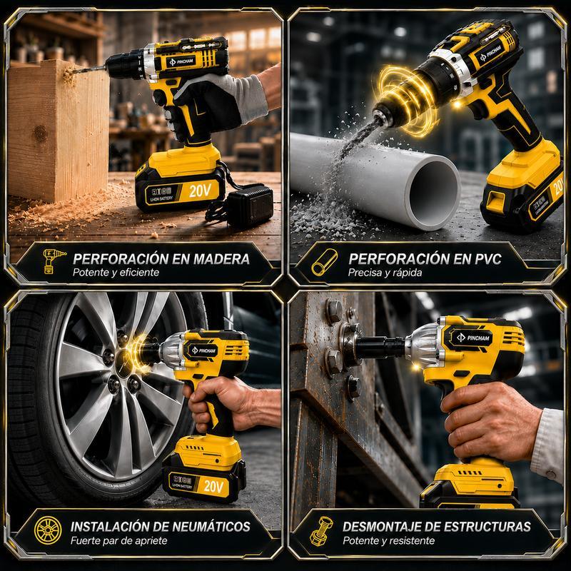 Kit Herramientas Inalámbricas 20V, Taladro + Llave de Impacto  2 Baterías