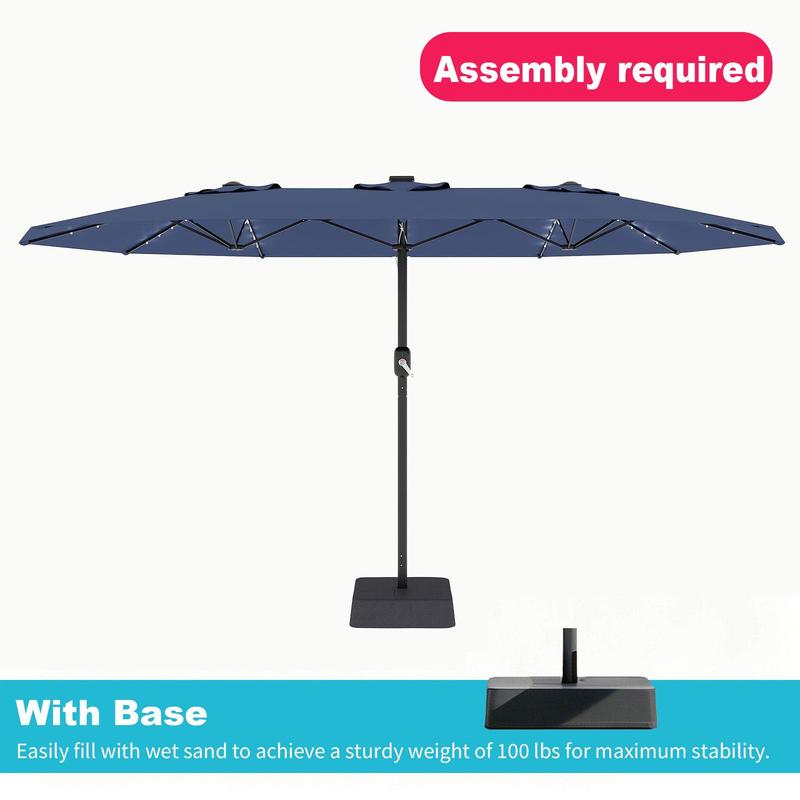 [SummerVibes] Sombrilla grande para exteriores Garvee de 15 pies (4,5 m) con base – Opción de luz LED, diseño de doble cara, manivela, resistente al agua; incluye base lastrada y saco de arena; capacidad para 10 personas; ideal para piscina, jardín, céspe