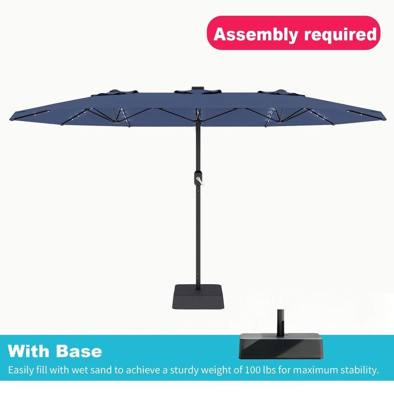 [SummerVibes] Sombrilla grande para exteriores Garvee de 15 pies (4,5 m) con base – Opción de luz LED, diseño de doble cara, manivela, resistente al agua; incluye base lastrada y saco de arena; capacidad para 10 personas; ideal para piscina, jardín, céspe