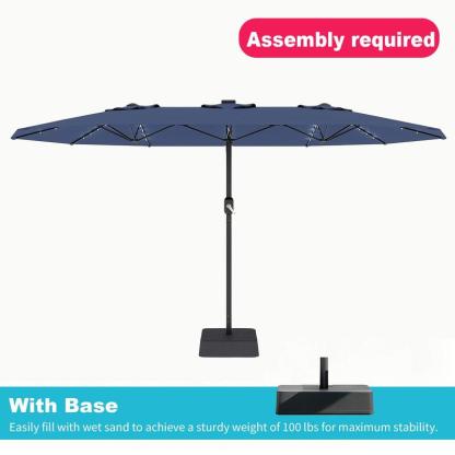 [SummerVibes] Sombrilla grande para exteriores Garvee de 15 pies (4,5 m) con base – Opción de luz LED, diseño de doble cara, manivela, resistente al agua; incluye base lastrada y saco de arena; capacidad para 10 personas; ideal para piscina, jardín, céspe