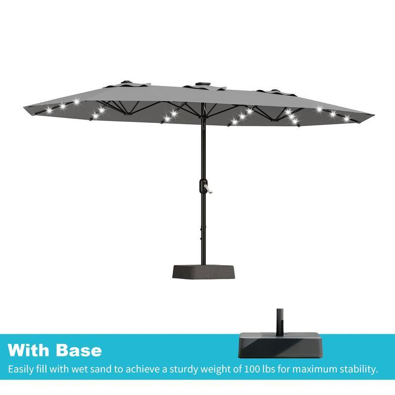 [SummerVibes] Sombrilla grande para exteriores Garvee de 15 pies (4,5 m) con base – Opción de luz LED, diseño de doble cara, manivela, resistente al agua; incluye base lastrada y saco de arena; capacidad para 10 personas; ideal para piscina, jardín, céspe