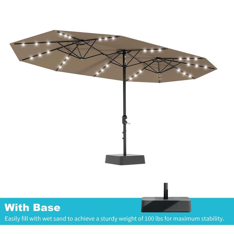 [SummerVibes] Sombrilla grande para exteriores Garvee de 15 pies (4,5 m) con base – Opción de luz LED, diseño de doble cara, manivela, resistente al agua; incluye base lastrada y saco de arena; capacidad para 10 personas; ideal para piscina, jardín, céspe