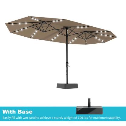 [SummerVibes] Sombrilla grande para exteriores Garvee de 15 pies (4,5 m) con base – Opción de luz LED, diseño de doble cara, manivela, resistente al agua; incluye base lastrada y saco de arena; capacidad para 10 personas; ideal para piscina, jardín, céspe