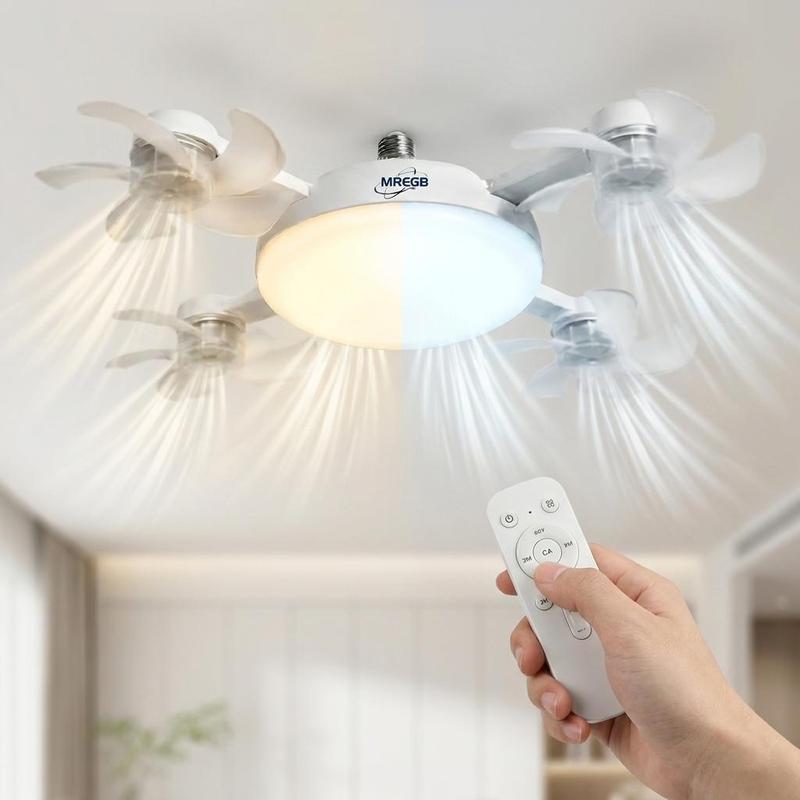 MREGB 2026 Nueva lámpara con ventilador para casquillo, ventilador de techo con luz y mando a distancia, ventilador-bombilla LED 2 en 1 (casquillo E27) de intensidad regulable, ventilador de refrigeración ultrasilencioso y de bajo consumo para dormitorio,