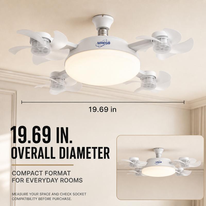 MREGB 2026 Nueva lámpara con ventilador para casquillo, ventilador de techo con luz y mando a distancia, ventilador-bombilla LED 2 en 1 (casquillo E27) de intensidad regulable, ventilador de refrigeración ultrasilencioso y de bajo consumo para dormitorio,