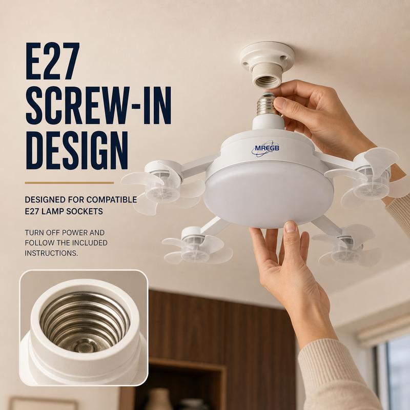 MREGB 2026 Nueva lámpara con ventilador para casquillo, ventilador de techo con luz y mando a distancia, ventilador-bombilla LED 2 en 1 (casquillo E27) de intensidad regulable, ventilador de refrigeración ultrasilencioso y de bajo consumo para dormitorio,