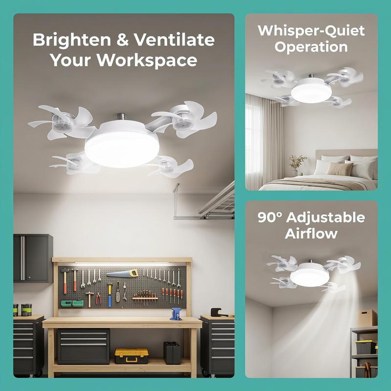 MREGB 2026 Nueva lámpara con ventilador para casquillo, ventilador de techo con luz y mando a distancia, ventilador-bombilla LED 2 en 1 (casquillo E27) de intensidad regulable, ventilador de refrigeración ultrasilencioso y de bajo consumo para dormitorio,