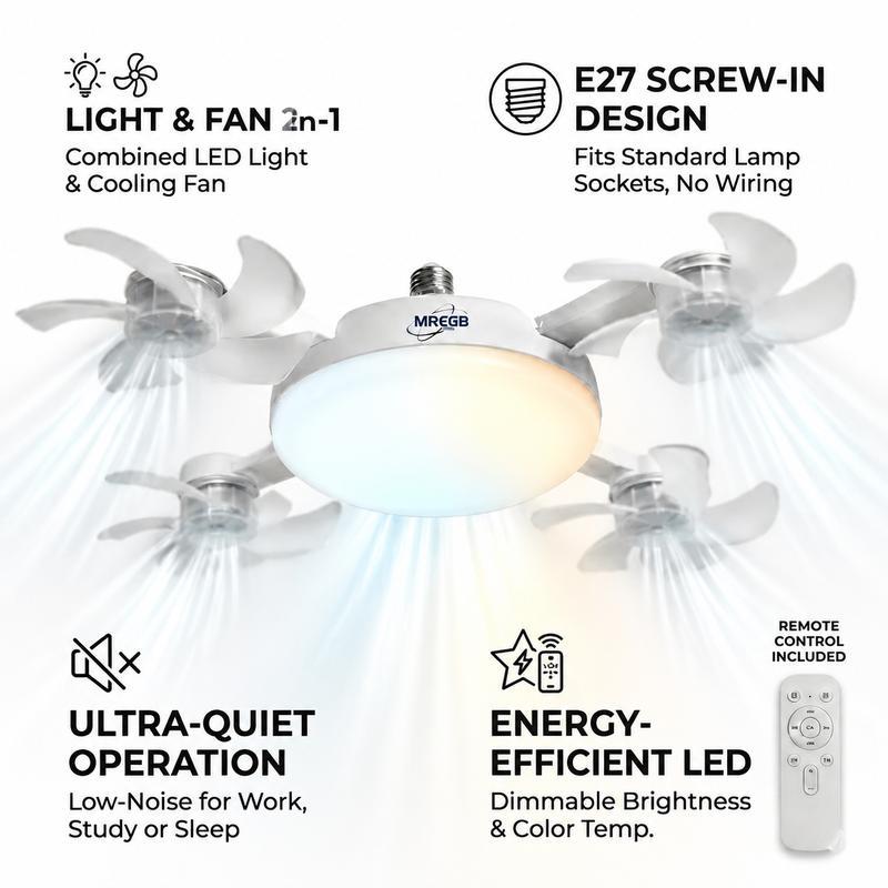 MREGB 2026 Nueva lámpara con ventilador para casquillo, ventilador de techo con luz y mando a distancia, ventilador-bombilla LED 2 en 1 (casquillo E27) de intensidad regulable, ventilador de refrigeración ultrasilencioso y de bajo consumo para dormitorio,