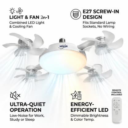 MREGB 2026 Nueva lámpara con ventilador para casquillo, ventilador de techo con luz y mando a distancia, ventilador-bombilla LED 2 en 1 (casquillo E27) de intensidad regulable, ventilador de refrigeración ultrasilencioso y de bajo consumo para dormitorio,