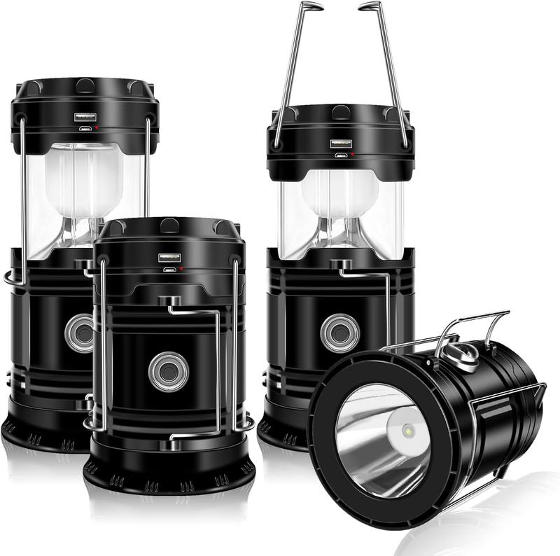 Paquete de 4 linternas solares para acampar: luces LED recargables, base magnética y gancho colgante plegable; lámpara retráctil ideal para cortes de luz, senderismo y emergencias; linterna ajustable / linterna táctica ajustable (set de regalo).