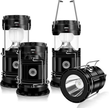 Paquete de 4 linternas solares para acampar: luces LED recargables, base magnética y gancho colgante plegable; lámpara retráctil ideal para cortes de luz, senderismo y emergencias; linterna ajustable / linterna táctica ajustable (set de regalo).