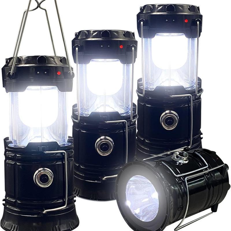 Paquete de 4 linternas solares para acampar: luces LED recargables, base magnética y gancho colgante plegable; lámpara retráctil ideal para cortes de luz, senderismo y emergencias; linterna ajustable / linterna táctica ajustable (set de regalo).