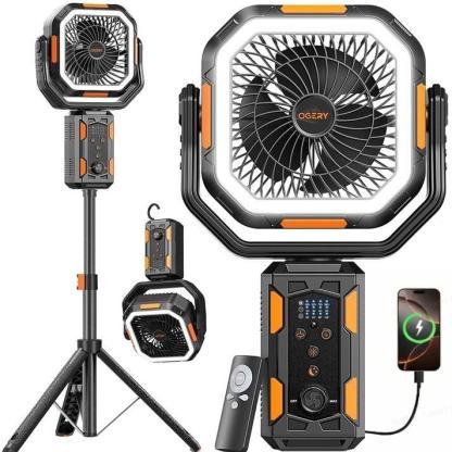 Ventilador de camping OGERY con trípode desmontable, ventilador recargable de 30.000 mAh con luces LED y rotación de 270°, ventilador inalámbrico 4 en 1, ventilador de escritorio con control remoto y cabezal oscilante; portátil, ideal para tiendas de camp