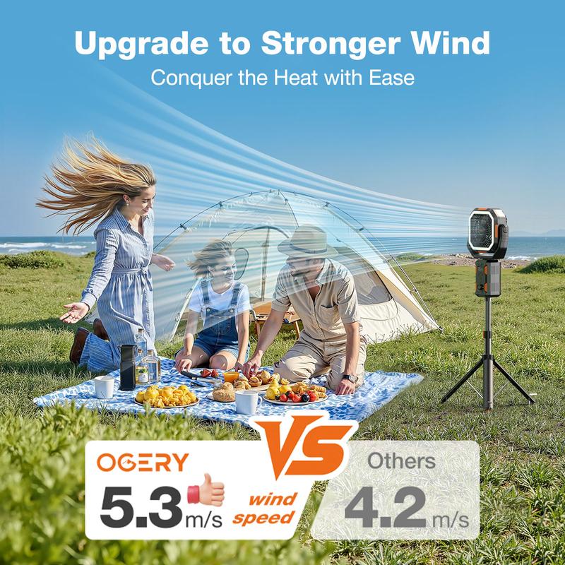 Ventilador de camping OGERY con trípode desmontable, ventilador recargable de 30.000 mAh con luces LED y rotación de 270°, ventilador inalámbrico 4 en 1, ventilador de escritorio con control remoto y cabezal oscilante; portátil, ideal para tiendas de camp